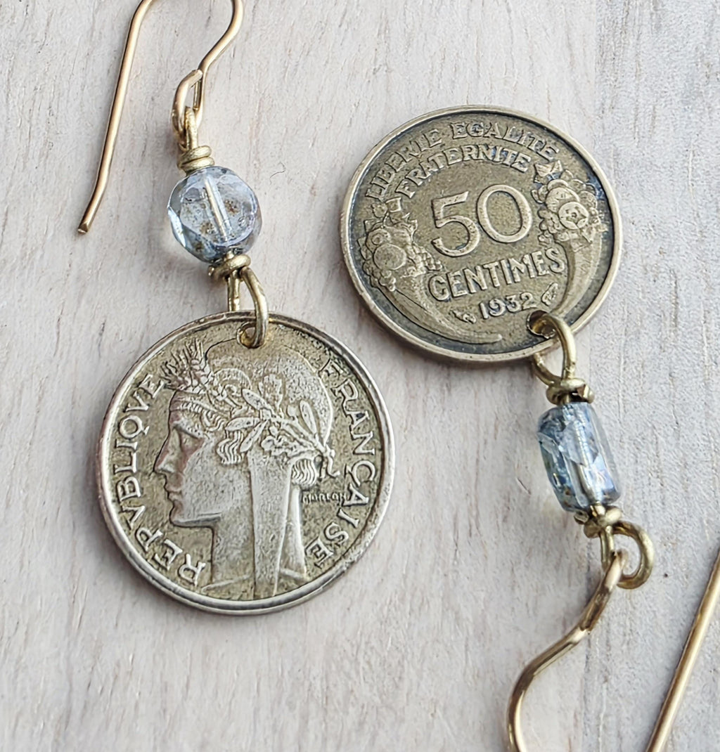 Vintage France 50 Centimes Coin Earrings, Blue European Crystals, Brass Ear Wires, Made in USA, E. Ria Designs