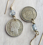 Vintage France 50 Centimes Coin Earrings, Blue European Crystals, Brass Ear Wires, Made in USA, E. Ria Designs