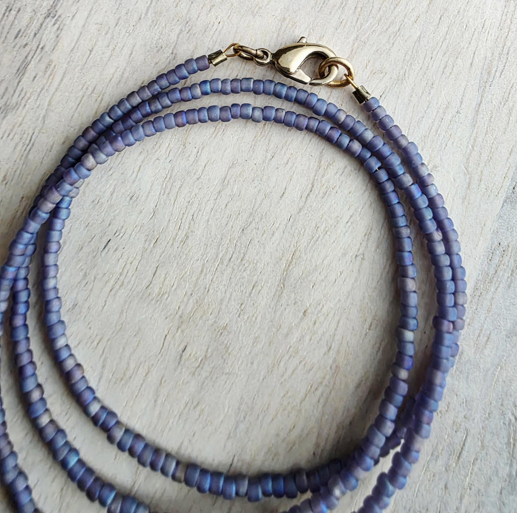 1978 Argentina Gold Sun Coin Necklace, Matte Purple Glass Seed Bead Chain, Solid Brass Clasp, Gift Boxed, Made in USA by E. Ria Designs