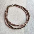 Triple Strand Glass Bead Bracelet, Bronze, Brown, Nude Seed Bead Hand Beaded, 14K Gold Fill Lobster Clasp, E. Ria Designs, Made in USA