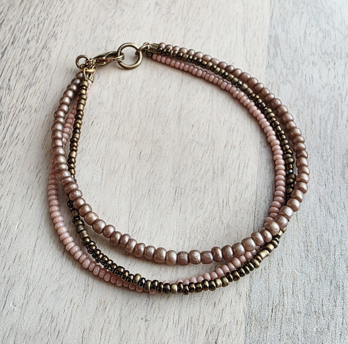 Triple Strand Glass Bead Bracelet, Bronze, Brown, Nude Seed Bead Hand Beaded, 14K Gold Fill Lobster Clasp, E. Ria Designs, Made in USA