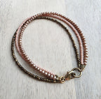 Triple Strand Glass Bead Bracelet, Bronze, Brown, Nude Seed Bead Hand Beaded, 14K Gold Fill Lobster Clasp, E. Ria Designs, Made in USA