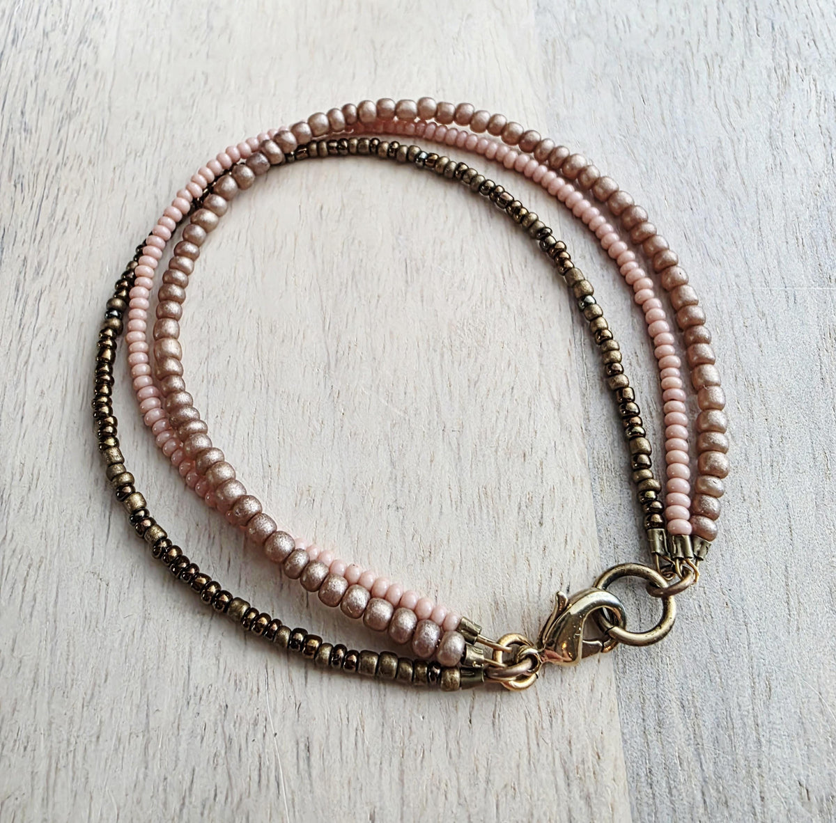 Triple Strand Glass Bead Bracelet, Bronze, Brown, Nude Seed Bead Hand Beaded, 14K Gold Fill Lobster Clasp, E. Ria Designs, Made in USA