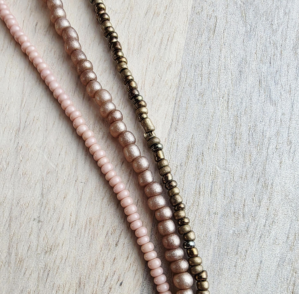 Triple Strand Glass Bead Bracelet, Bronze, Brown, Nude Seed Bead Hand Beaded, 14K Gold Fill Lobster Clasp, E. Ria Designs, Made in USA