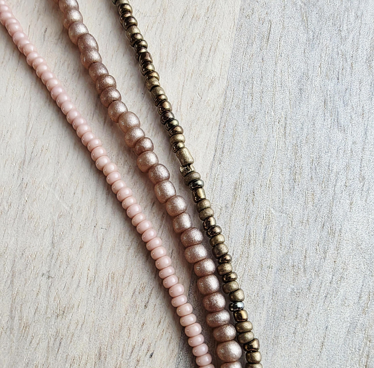 Triple Strand Glass Bead Bracelet, Bronze, Brown, Nude Seed Bead Hand Beaded, 14K Gold Fill Lobster Clasp, E. Ria Designs, Made in USA