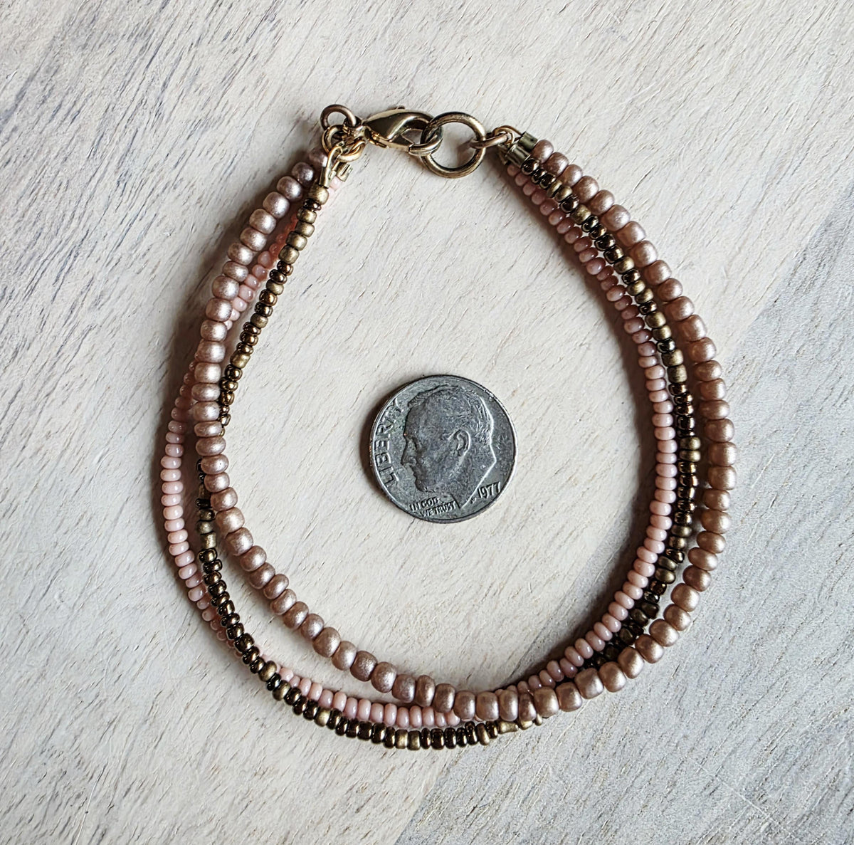 Triple Strand Glass Bead Bracelet, Bronze, Brown, Nude Seed Bead Hand Beaded, 14K Gold Fill Lobster Clasp, E. Ria Designs, Made in USA