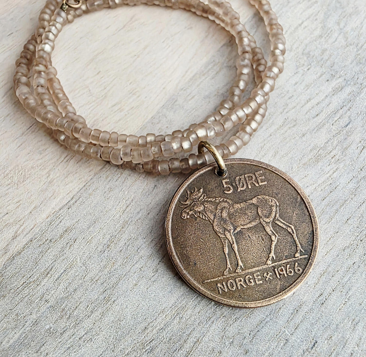 1966 Norge Norway Moose Coin Necklace, 5 Ore, Frosted Light Brown Glass Seed Bead Chain, Brass Lobster Claw Clasp, Made in USA