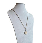 1975 French Coin Necklace, Dark Teal Glass Beads, Brass Box Chain, Gift Boxed, Made in USA, E. Ria Designs