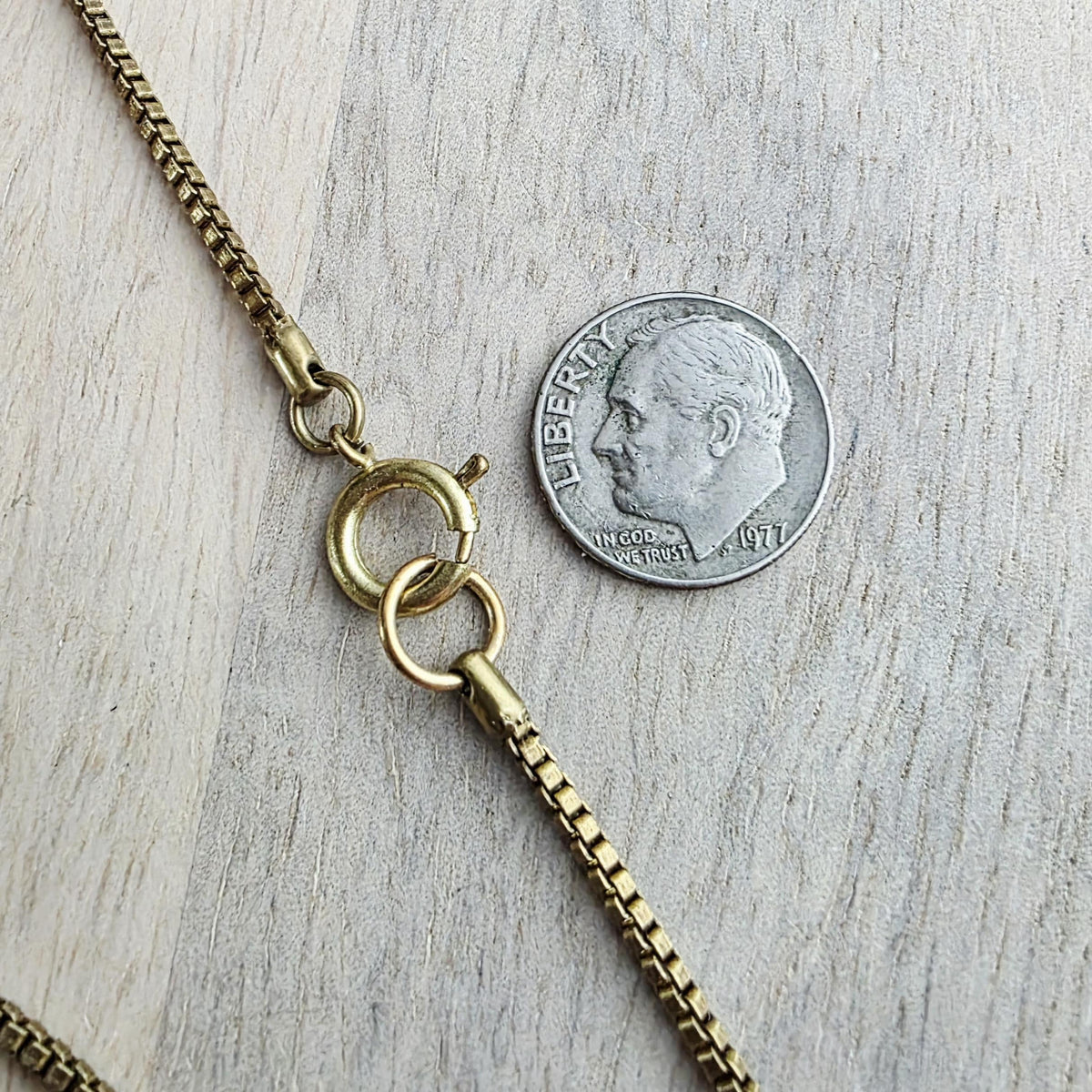 1975 French Coin Necklace, Dark Teal Glass Beads, Brass Box Chain, Gift Boxed, Made in USA, E. Ria Designs