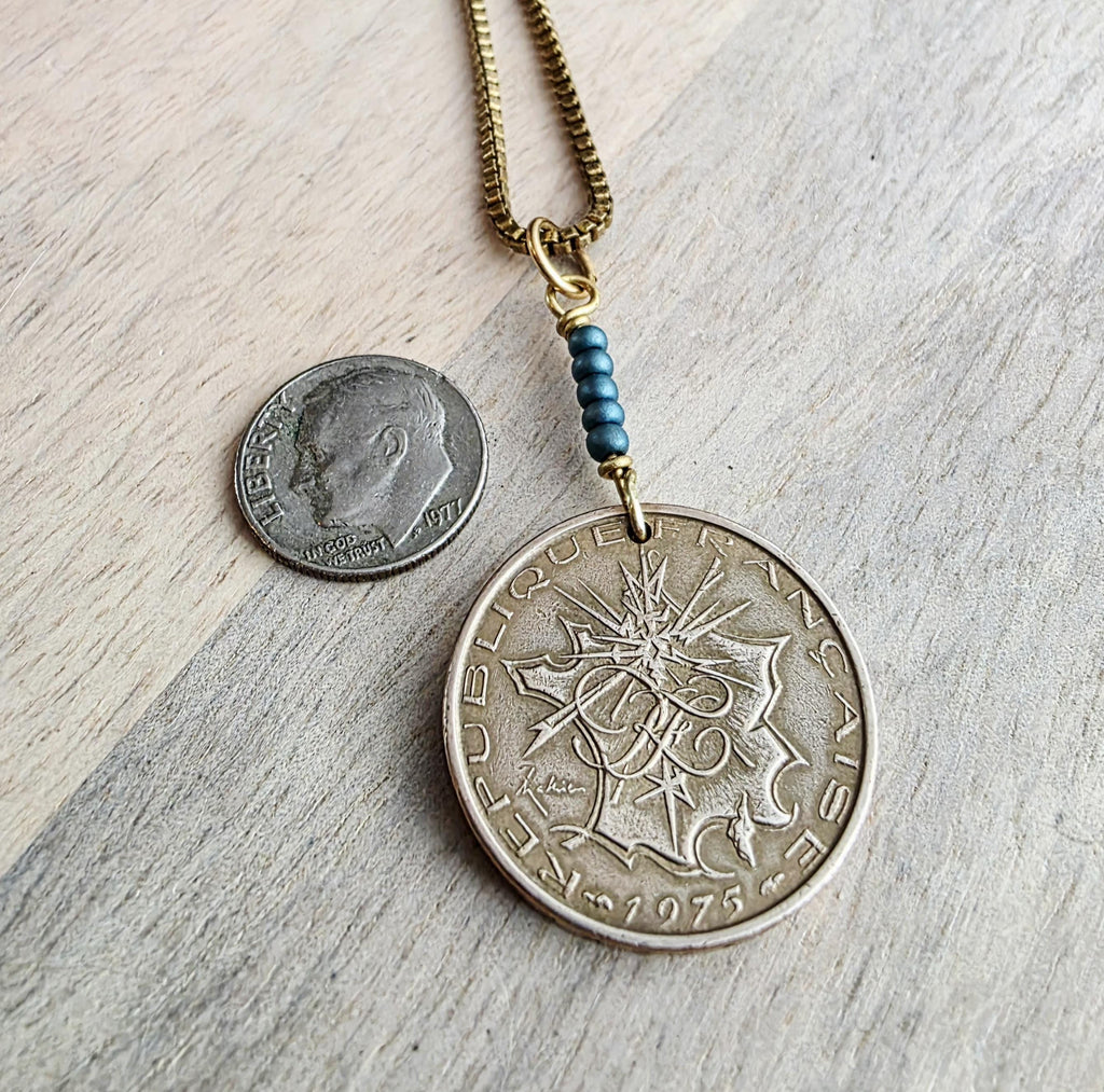 1975 French Coin Necklace, Dark Teal Glass Beads, Brass Box Chain, Gift Boxed, Made in USA, E. Ria Designs