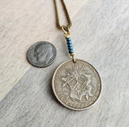 1975 French Coin Necklace, Dark Teal Glass Beads, Brass Box Chain, Gift Boxed, Made in USA, E. Ria Designs