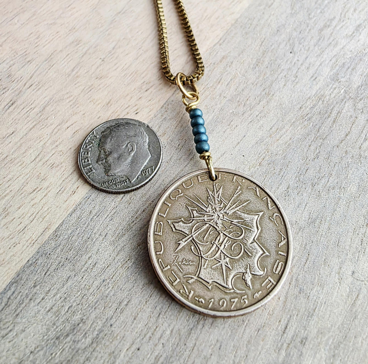 1975 French Coin Necklace, Dark Teal Glass Beads, Brass Box Chain, Gift Boxed, Made in USA, E. Ria Designs