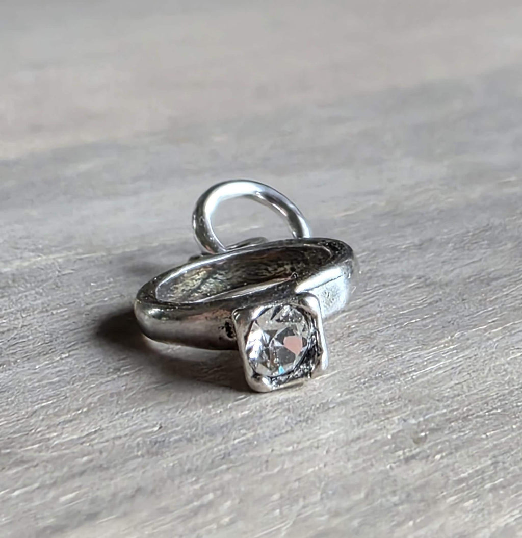 Sterling Silver Fake Diamond Solitaire Ring, Engagement Jewelry, 925 Silver, Add to Charm Bracelet or Necklace Chain