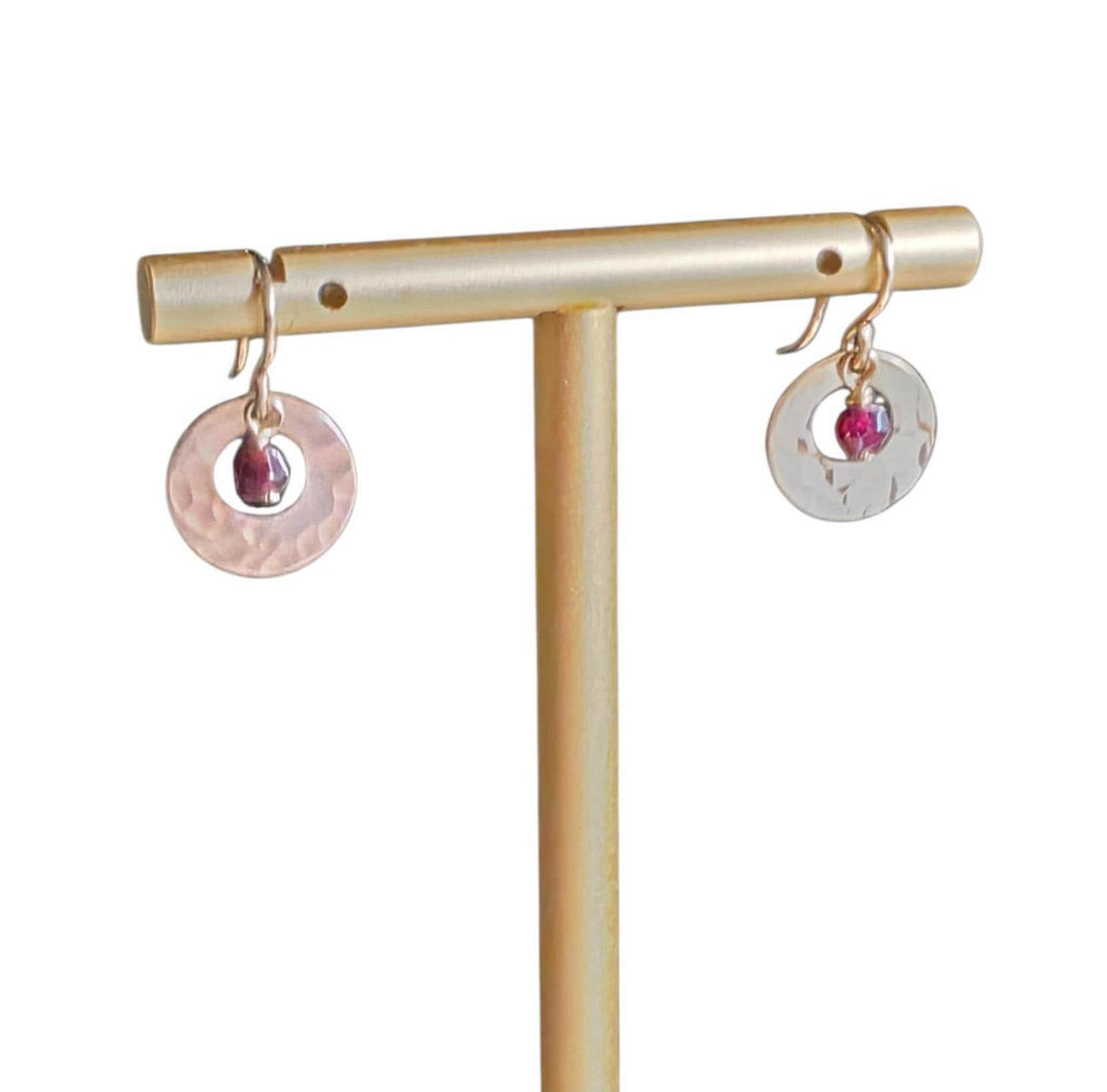 Hammered Gold Earrings Handmade with Genuine Garnet Beads, 14K Gold Filled Ear Wires Made in USA Gift Boxed E. Ria Designs