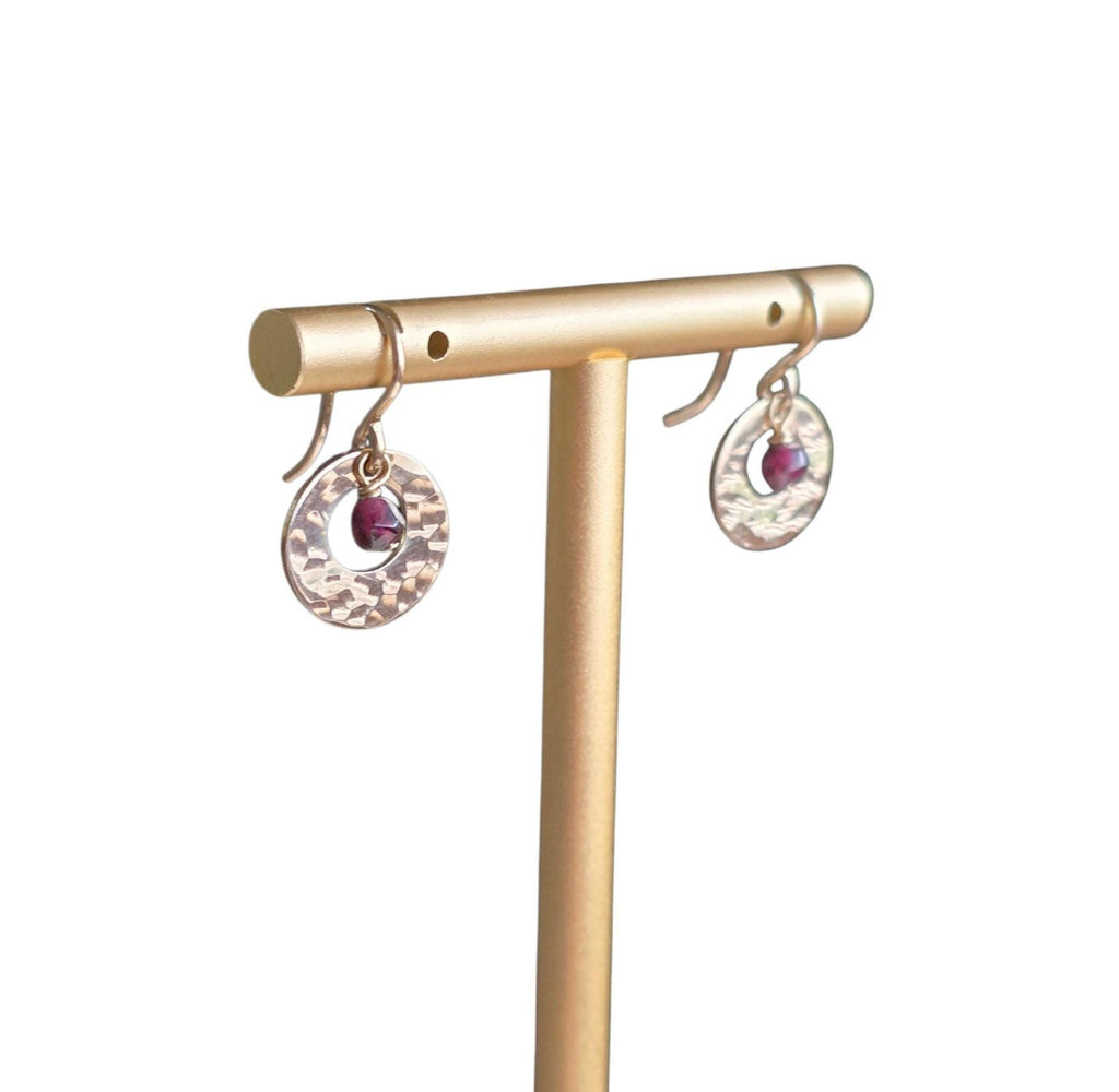 Hammered Gold Earrings Handmade with Genuine Garnet Beads, 14K Gold Filled Ear Wires Made in USA Gift Boxed E. Ria Designs