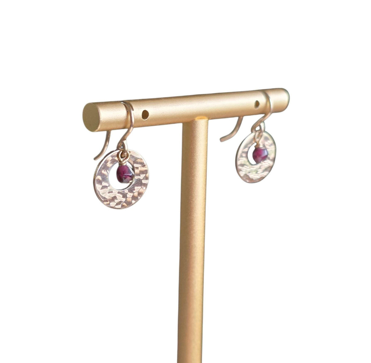 Hammered Gold Earrings Handmade with Genuine Garnet Beads, 14K Gold Filled Ear Wires Made in USA Gift Boxed E. Ria Designs