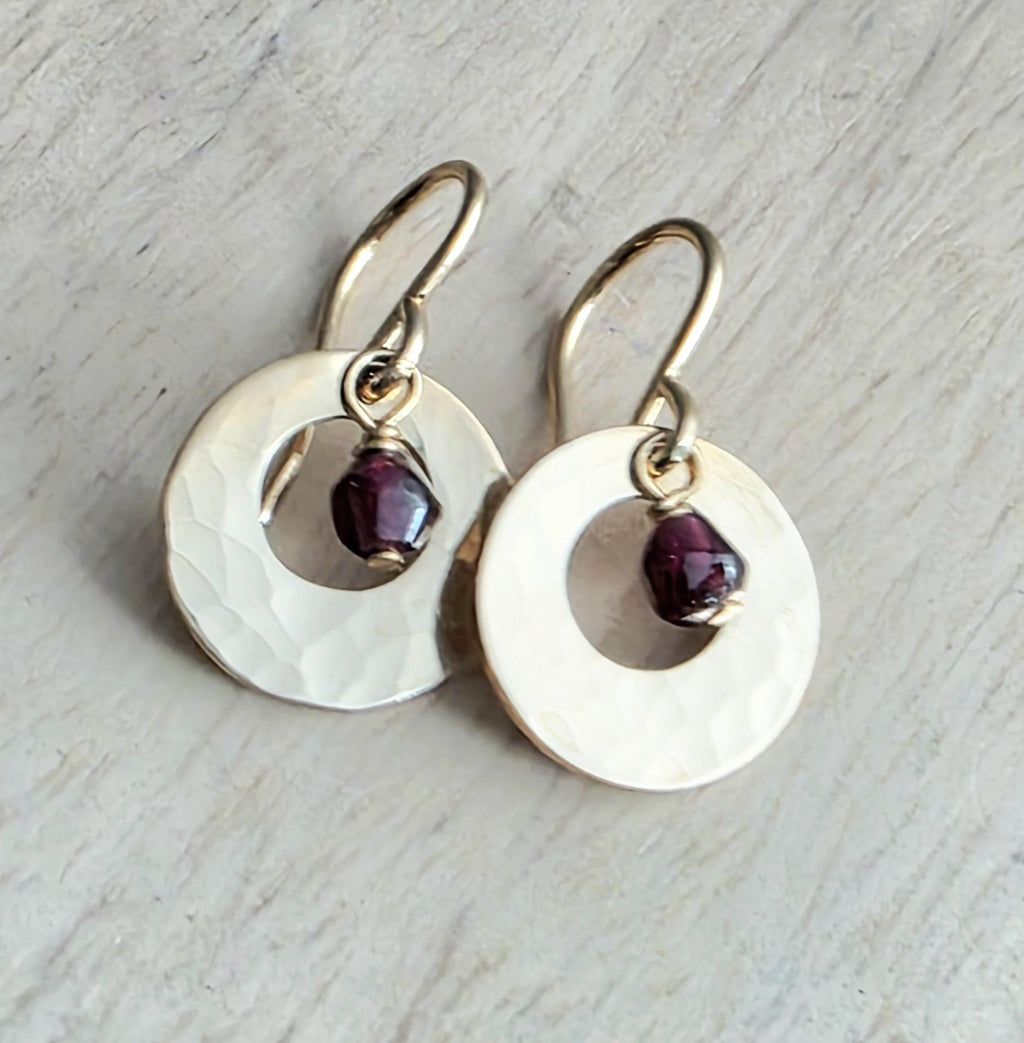 Hammered Gold Earrings Handmade with Genuine Garnet Beads, 14K Gold Filled Ear Wires Made in USA Gift Boxed E. Ria Designs