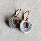 Hammered Gold Earrings Handmade with Genuine Garnet Beads, 14K Gold Filled Ear Wires Made in USA Gift Boxed E. Ria Designs