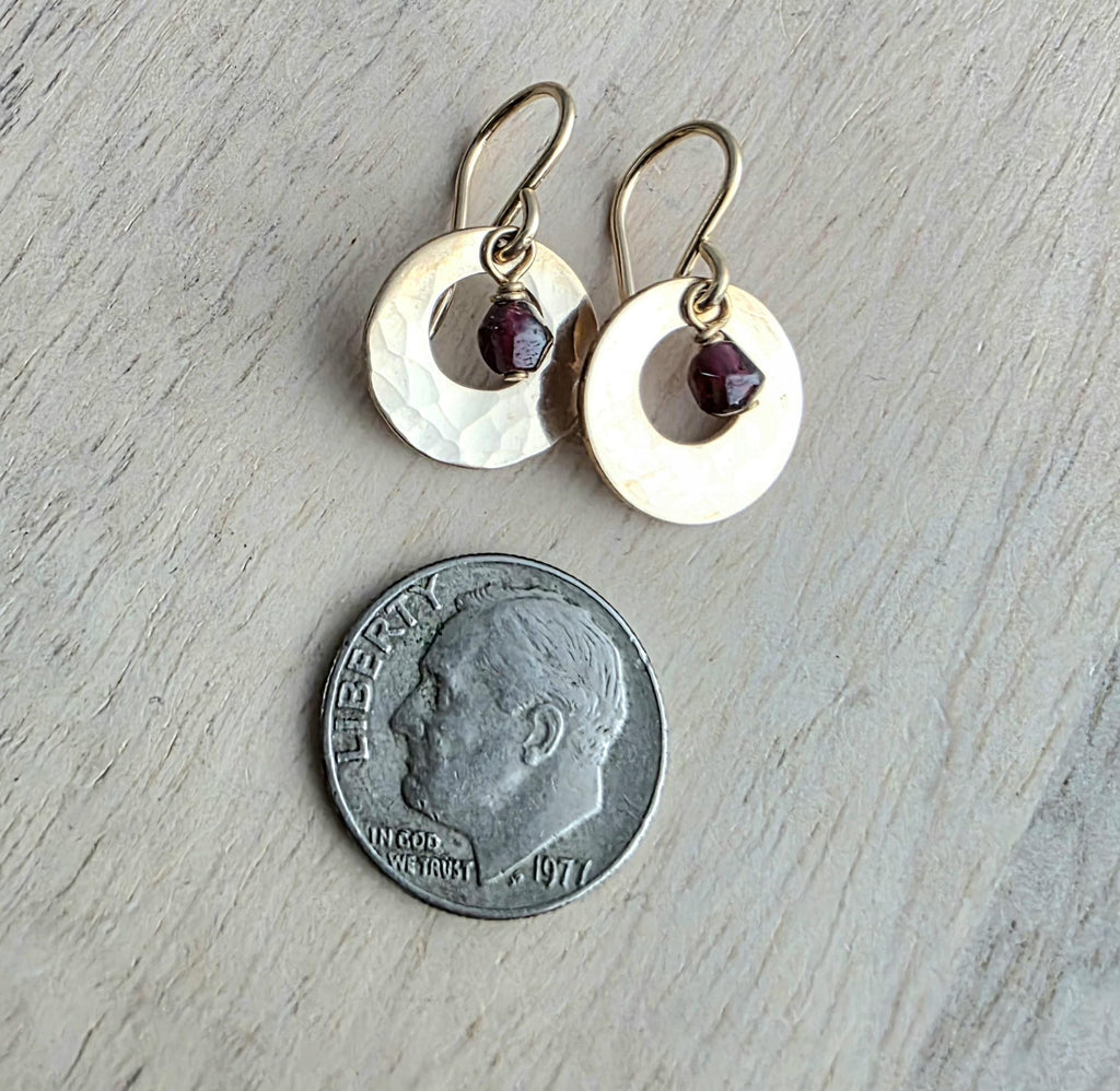 Hammered Gold Earrings Handmade with Genuine Garnet Beads, 14K Gold Filled Ear Wires Made in USA Gift Boxed E. Ria Designs
