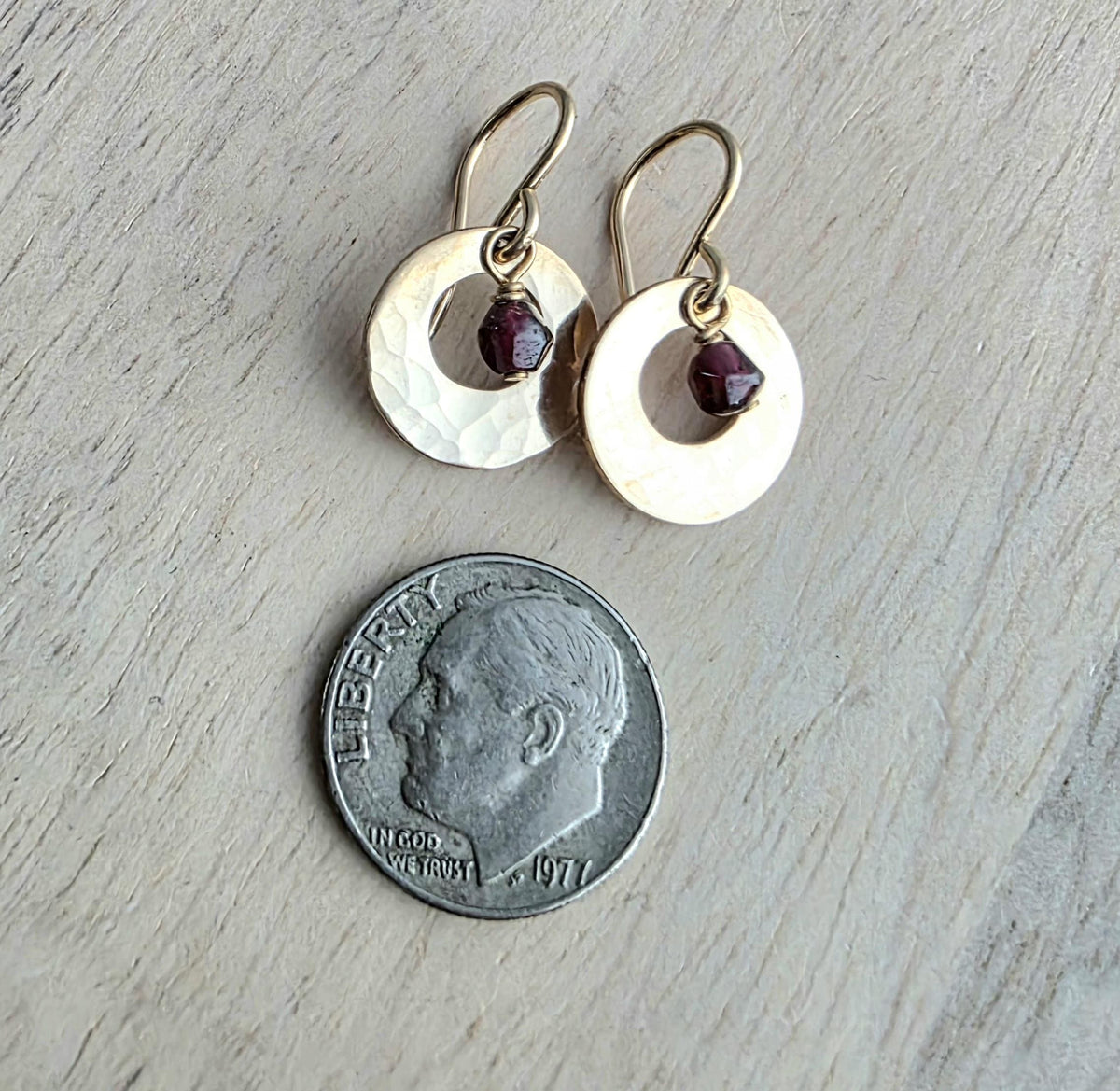 Hammered Gold Earrings Handmade with Genuine Garnet Beads, 14K Gold Filled Ear Wires Made in USA Gift Boxed E. Ria Designs