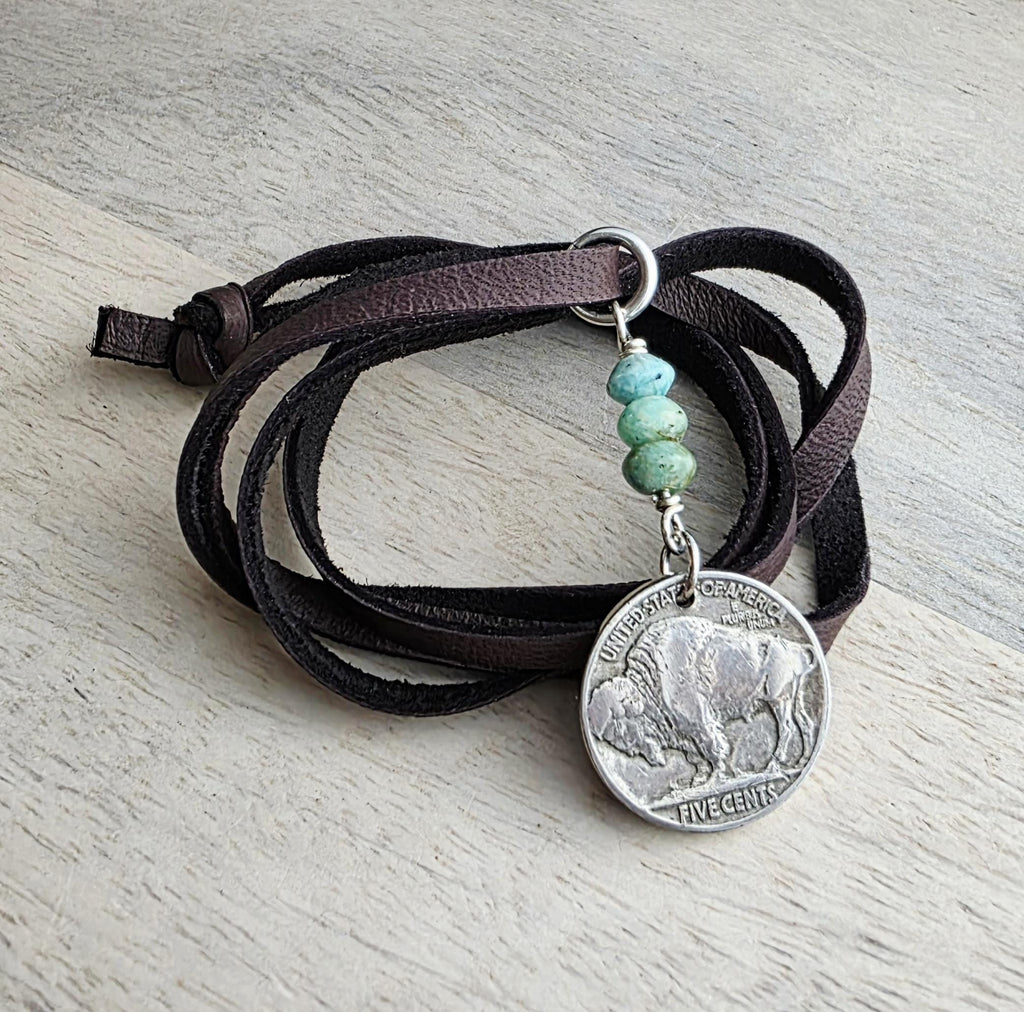 Vintage 1936 Buffalo Nickel Leather Necklace, Amazonite Nugget Gemstone Beads, Bison Charm, Coin Jewelry, Handmade E. Ria Designs