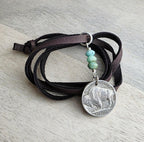 Vintage 1936 Buffalo Nickel Leather Necklace, Amazonite Nugget Gemstone Beads, Bison Charm, Coin Jewelry, Handmade E. Ria Designs