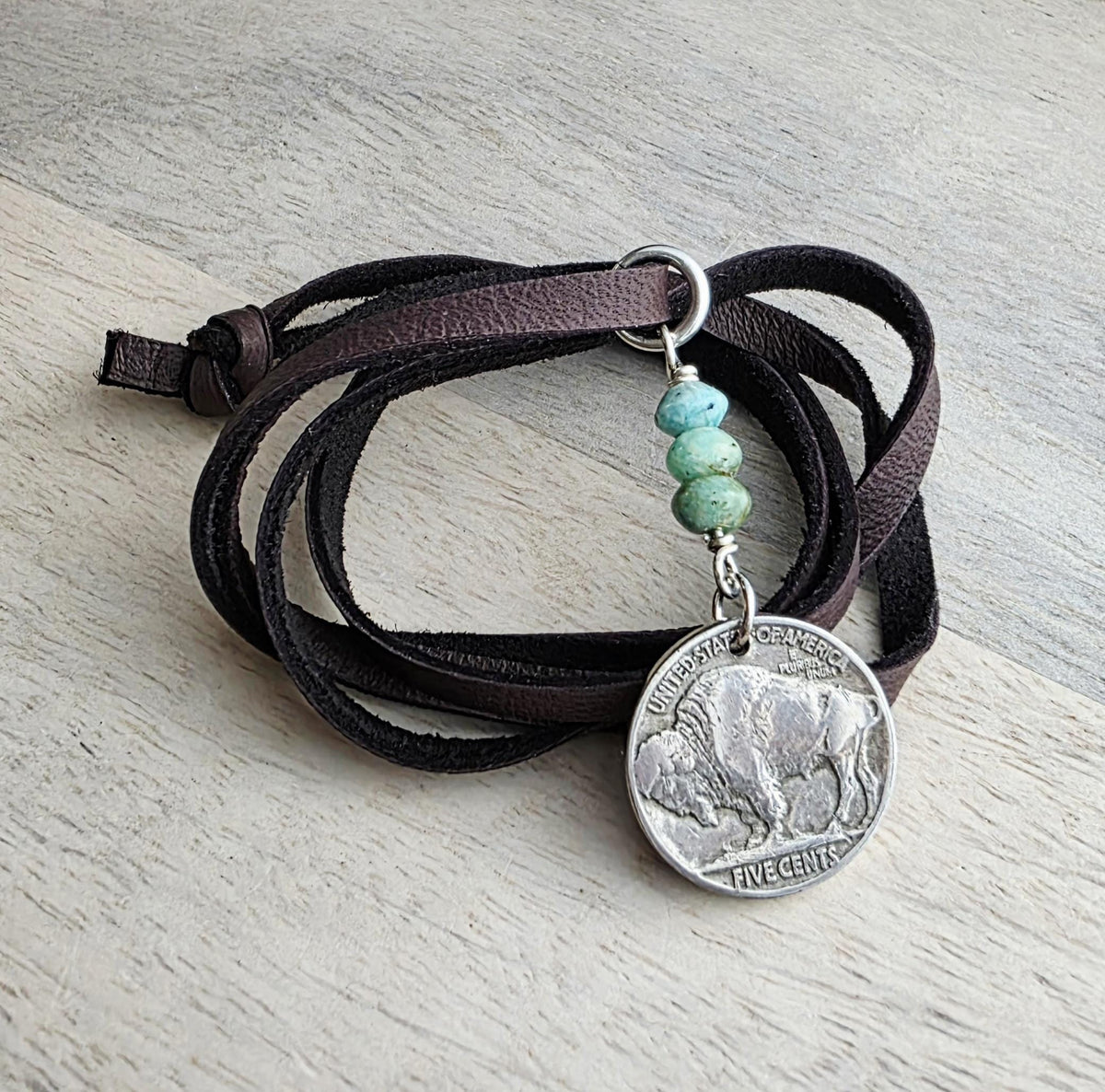 Vintage 1936 Buffalo Nickel Leather Necklace, Amazonite Nugget Gemstone Beads, Bison Charm, Coin Jewelry, Handmade E. Ria Designs
