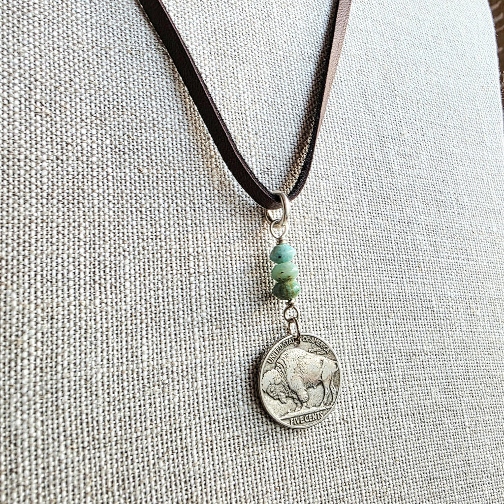 Vintage 1936 Buffalo Nickel Leather Necklace, Amazonite Nugget Gemstone Beads, Bison Charm, Coin Jewelry, Handmade E. Ria Designs