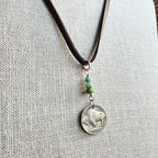Vintage 1936 Buffalo Nickel Leather Necklace, Amazonite Nugget Gemstone Beads, Bison Charm, Coin Jewelry, Handmade E. Ria Designs