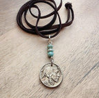Vintage 1929 Buffalo Nickel Leather Necklace, Native American Coin, Amazonite Nugget Gemstone Beads, Coin Jewelry ,Handmade E. Ria Designs