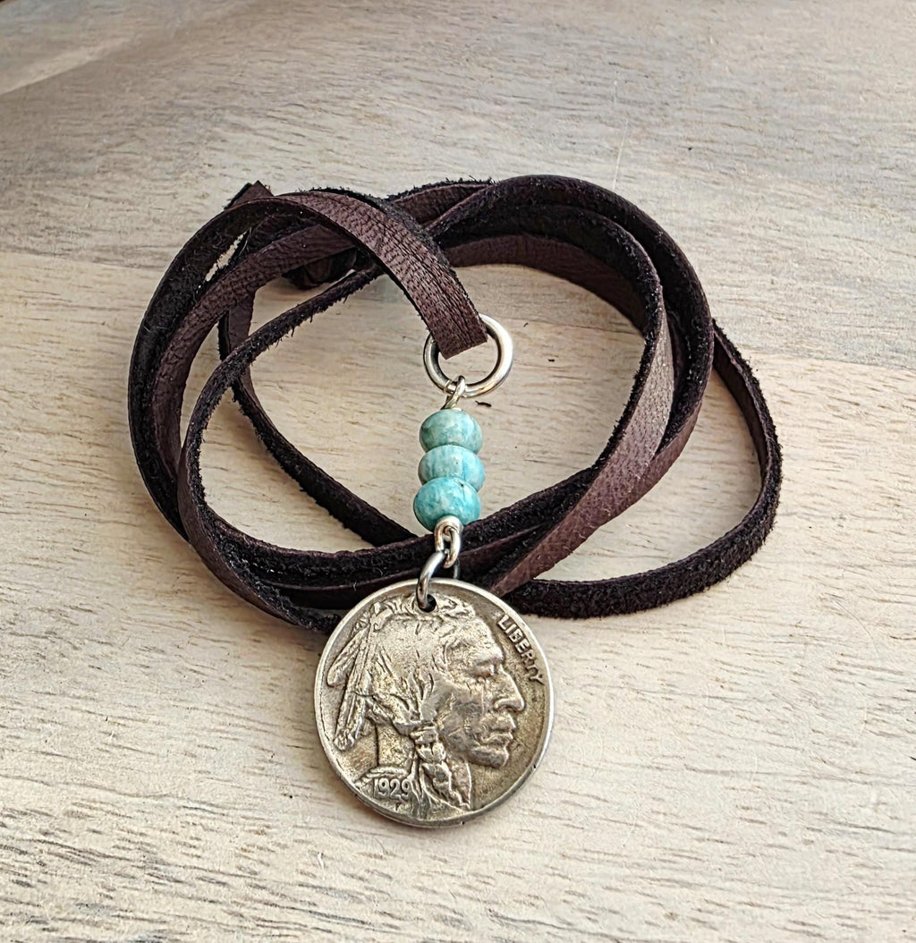 Vintage 1929 Buffalo Nickel Leather Necklace, Native American Coin, Amazonite Nugget Gemstone Beads, Coin Jewelry ,Handmade E. Ria Designs