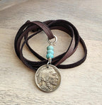 Vintage 1929 Buffalo Nickel Leather Necklace, Native American Coin, Amazonite Nugget Gemstone Beads, Coin Jewelry ,Handmade E. Ria Designs