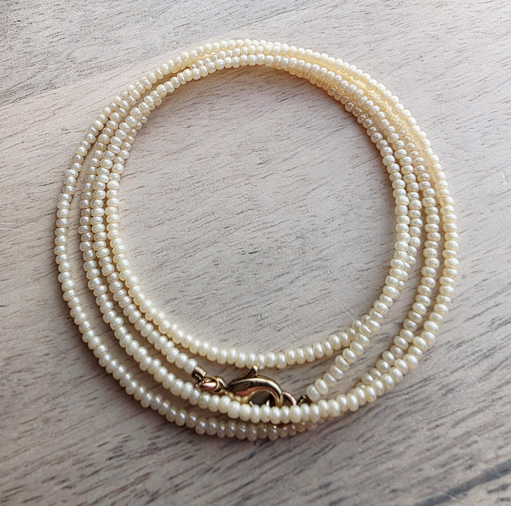 Long Neutral Hand Beaded Ivory Pearl Seed Bead Necklace, Layering Necklace, Made in USA, E. Ria Designs