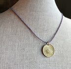 1978 Argentina Gold Sun Coin Necklace, Matte Purple Glass Seed Bead Chain, Solid Brass Clasp, Gift Boxed, Made in USA by E. Ria Designs