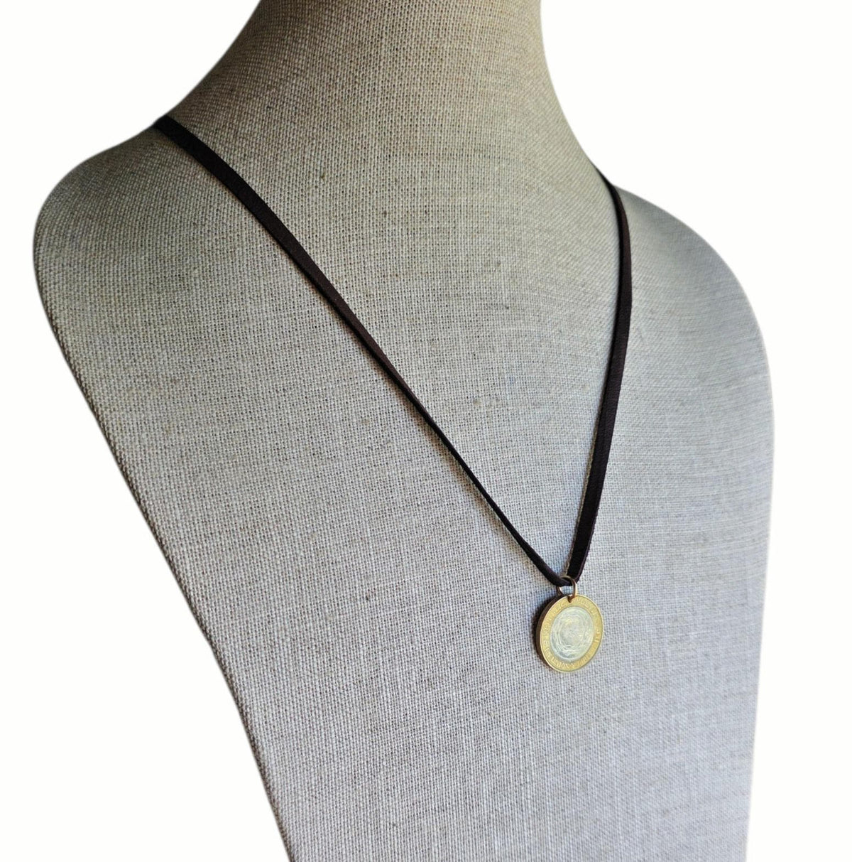 2015 Argentina Coin Necklace, Bi-Metal Sun 2 Pesos, Brown Leather Cord Chain, 24 In., Bronze Clasp, Made in USA by E. Ria Designs, Gift Box