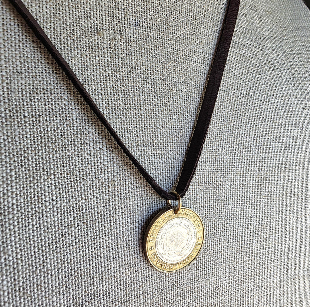 2015 Argentina Coin Necklace, Bi-Metal Sun 2 Pesos, Brown Leather Cord Chain, 24 In., Bronze Clasp, Made in USA by E. Ria Designs, Gift Box