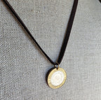 2015 Argentina Coin Necklace, Bi-Metal Sun 2 Pesos, Brown Leather Cord Chain, 24 In., Bronze Clasp, Made in USA by E. Ria Designs, Gift Box