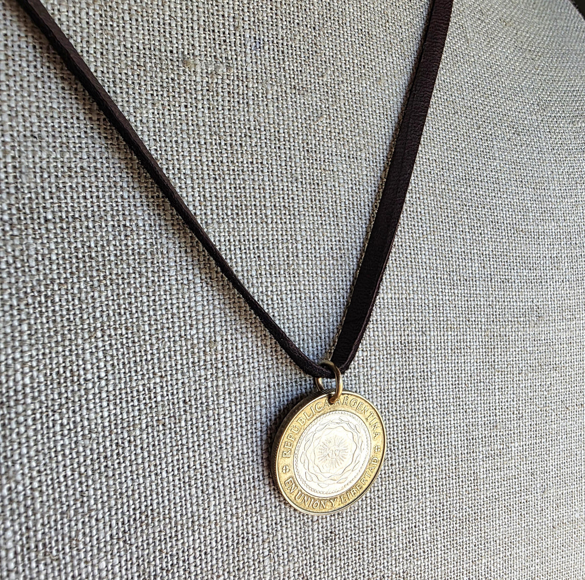 2015 Argentina Coin Necklace, Bi-Metal Sun 2 Pesos, Brown Leather Cord Chain, 24 In., Bronze Clasp, Made in USA by E. Ria Designs, Gift Box