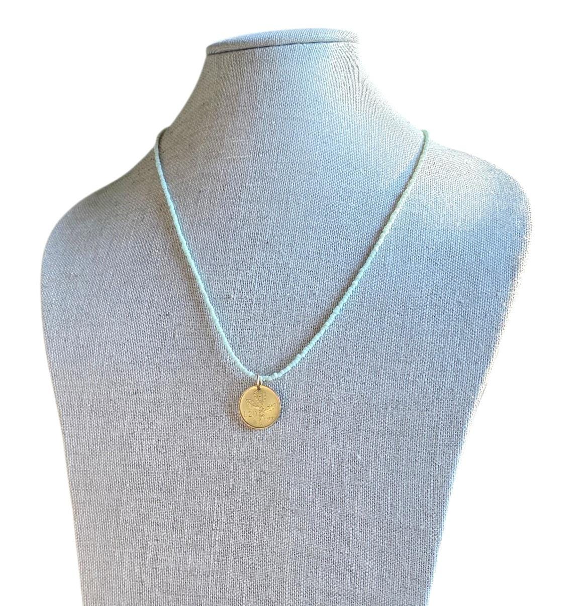 Vintage 1989 Italy 20 Lire Coin Necklace, Oak Leaf, Acorn, Mint Green Glass Seed Bead Chain, Solid Brass Lobster Clasp, Gift Boxed