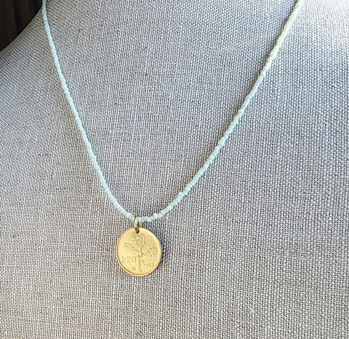 Vintage 1989 Italy 20 Lire Coin Necklace, Oak Leaf, Acorn, Mint Green Glass Seed Bead Chain, Solid Brass Lobster Clasp, Gift Boxed