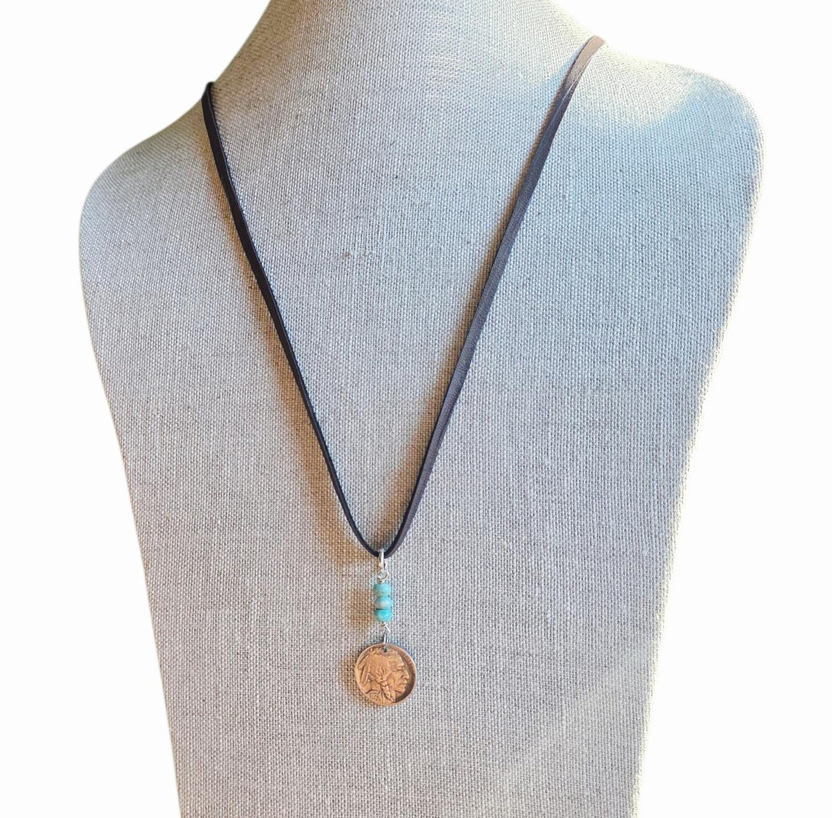 Vintage 1929 Buffalo Nickel Leather Necklace, Native American Coin, Amazonite Nugget Gemstone Beads, Coin Jewelry ,Handmade E. Ria Designs