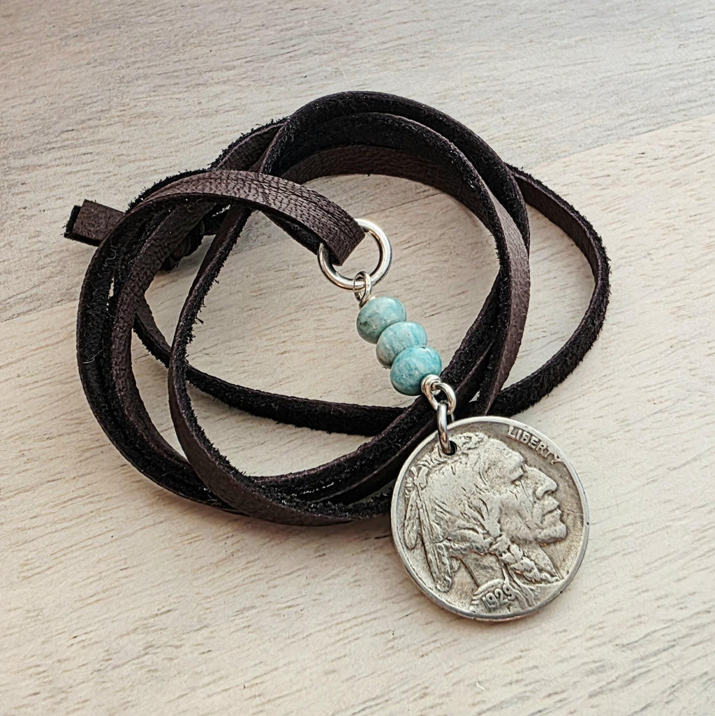 Vintage 1929 Buffalo Nickel Leather Necklace, Native American Coin, Amazonite Nugget Gemstone Beads, Coin Jewelry ,Handmade E. Ria Designs
