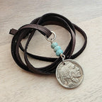 Vintage 1929 Buffalo Nickel Leather Necklace, Native American Coin, Amazonite Nugget Gemstone Beads, Coin Jewelry ,Handmade E. Ria Designs