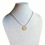 1978 Argentina Gold Sun Coin Necklace, Matte Purple Glass Seed Bead Chain, Solid Brass Clasp, Gift Boxed, Made in USA by E. Ria Designs