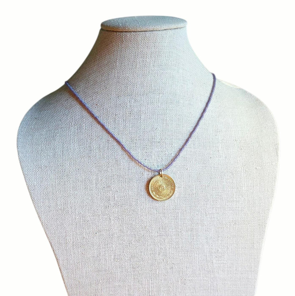 1978 Argentina Gold Sun Coin Necklace, Matte Purple Glass Seed Bead Chain, Solid Brass Clasp, Gift Boxed, Made in USA by E. Ria Designs