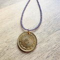1978 Argentina Gold Sun Coin Necklace, Matte Purple Glass Seed Bead Chain, Solid Brass Clasp, Gift Boxed, Made in USA by E. Ria Designs