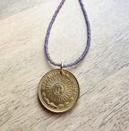 1978 Argentina Gold Sun Coin Necklace, Matte Purple Glass Seed Bead Chain, Solid Brass Clasp, Gift Boxed, Made in USA by E. Ria Designs