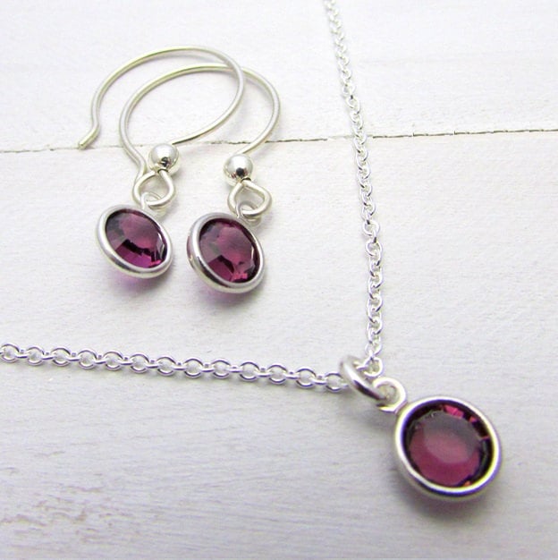 Birthstone Necklace and Earring Set in Sterling Silver, Bezel Set Swarovski Crystal Birthstone Charms, Birthstone Birthday Gift, Eriadesigns