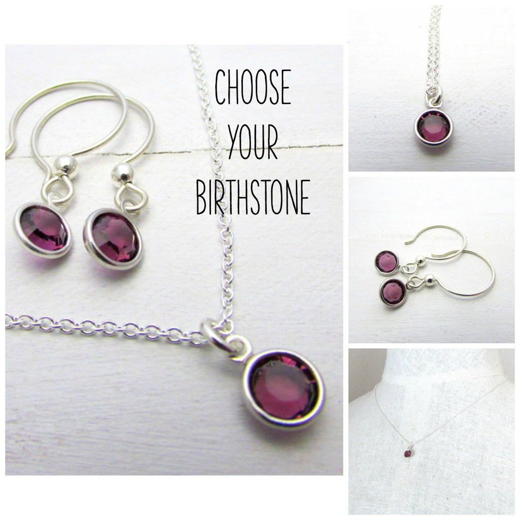 Birthstone Necklace and Earring Set in Sterling Silver, Bezel Set Swarovski Crystal Birthstone Charms, Birthstone Birthday Gift, Eriadesigns