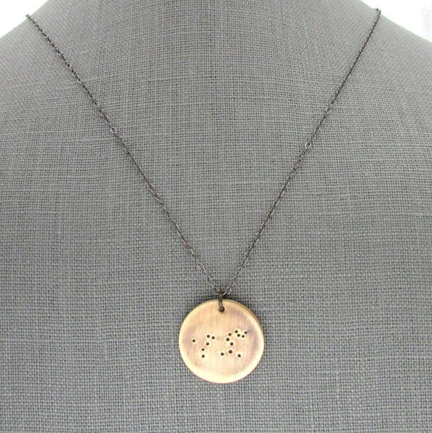 Leo Constellation Necklace, Zodiac Sign Charm, Bronze, Brass, Hand Stamped, Rugged Brushed Pendant